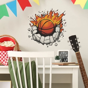 3D Creative Fire Basketball Breaking Wall Effect Sticker PVC Waterproof Decal For Kids Sports Room Bedroom Home Decor
