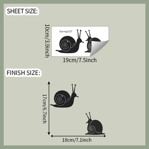 Detailed sizing dimensions for snail silhouette wall stickers with layout and finish sizes