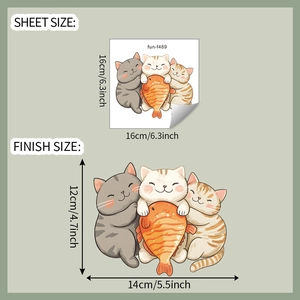 Detail of three cute cats holding fish wall decal showing sheet and finish size dimensions