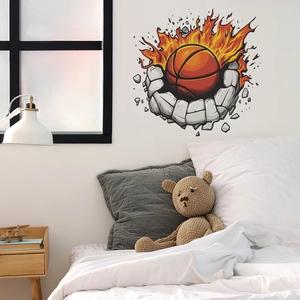 3D flaming basketball breaking through wall decal for bedroom home gym wall decoration