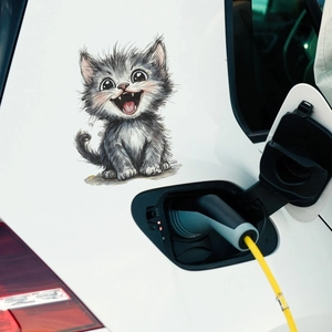 Funny laughing grey cat sticker for car body decoration with waterproof hand-drawn design