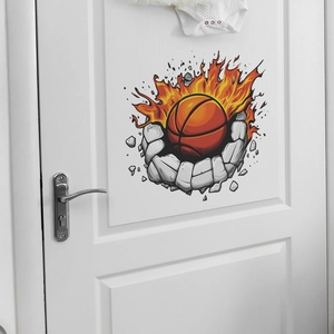 3D flaming basketball wall decal crashing through wall for sports room decoration