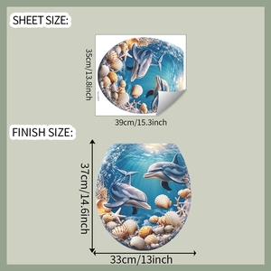Detail view of 3D dolphin and seashell wall stickers showing sheet and finish dimensions
