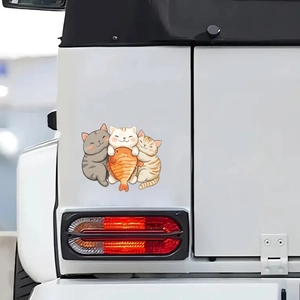 Cute cartoon three chubby cats hugging a giant orange fish car bumper sticker decor