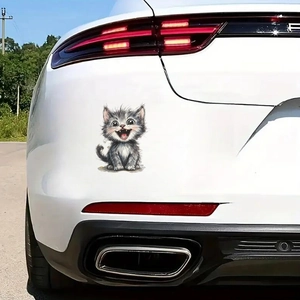 Funny laughing grey cat car sticker decal on white vehicle body side panel