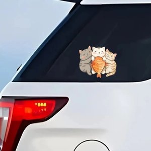 Cute cartoon car window sticker featuring three cats hugging a large orange fish