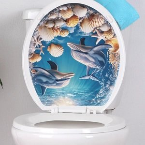 3D ocean landscape toilet lid sticker featuring blue dolphins and seashells decoration