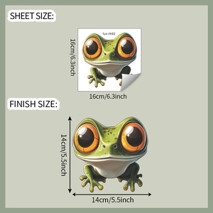 Detail view of cartoon frog car sticker showing sheet size and finish size dimensions