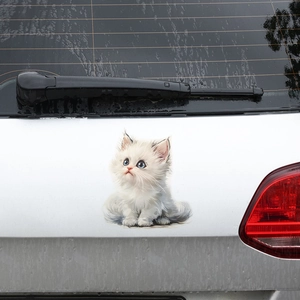 3D realistic white kitten car decal with blue eyes applied on silver vehicle rear