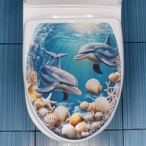3D ocean world toilet lid decal with dolphins shells and sea stars for bathroom decor