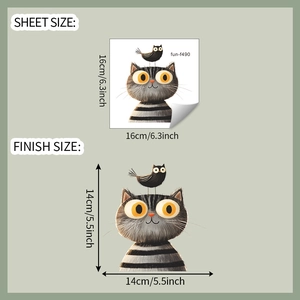 Detailed dimensions of a hand-painted gray cat and black bird waterproof car window sticker