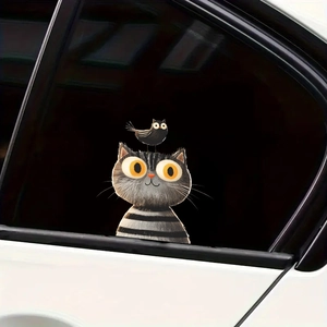Cartoon Painted Gray Cat And Bird Car Window Sticker PVC UV Printed Decorative Decal For Auto Home Surfaces Decoration