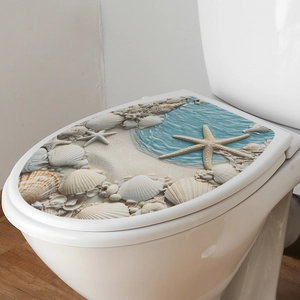 3D ocean beach theme toilet seat sticker with starfish and shells on white background