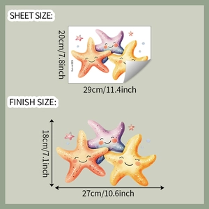 Detailed sheet and finish size dimensions for cute cartoon starfish bathroom stickers