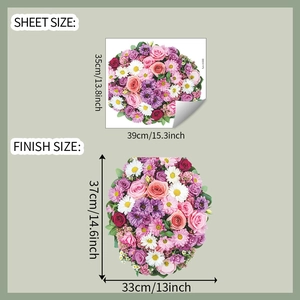 Detail view of colorful floral toilet sticker dimensions and sheet size specifications