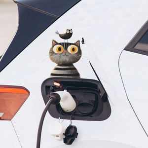 Cartoon gray cat and bird waterproof car sticker decal on white vehicle body surface