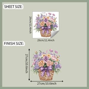Detail showing sheet size and finish size for flower basket bathroom wall stickers