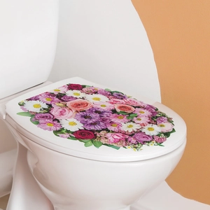 Colorful floral toilet seat lid decal featuring vibrant roses and daisies for bathroom decor