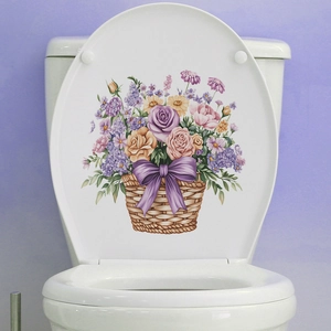 Waterproof PVC Flower Basket Purple Bow Toilet Lid Sticker Bathroom Wall Decal Floral Peony Decorative Home Art Sticker