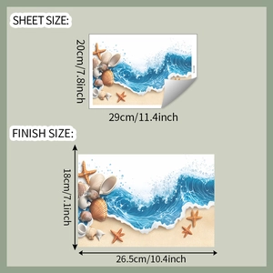 Detailed sheet and finish size dimensions for the 3D blue ocean wave and seashell wall sticker