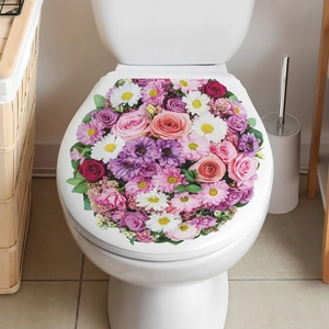 Floral toilet lid decal featuring vibrant pink rose and daisy bouquet decorations
