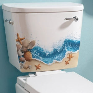 Ocean beach themed toilet tank sticker with blue waves, shells, and starfish decor