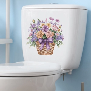 Floral basket toilet wall sticker with colorful roses and purple bowknot decoration