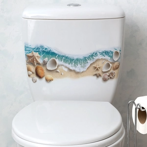 3D ocean beach toilet sticker with seashells, starfish and waves on ceramic tank