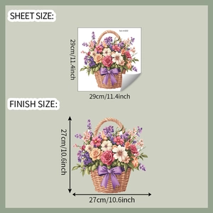 Floral basket wall sticker dimensions showing 29x29cm sheet and 27x27cm finished size
