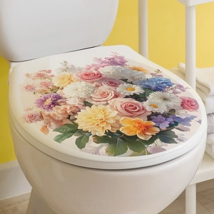 Sticker décoratif pour couvercle de toilette avec roses roses et marguerites fleuries