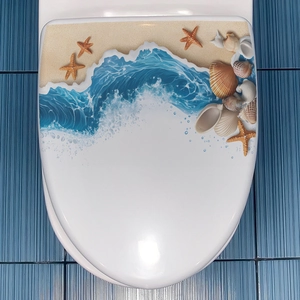 3D ocean beach bathroom toilet lid sticker with blue waves, starfish and shells decor