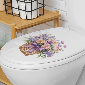 Colorful floral basket wall sticker with purple bow for bathroom toilet decoration