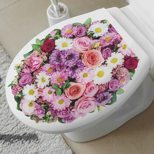 Colorful floral toilet seat decal with roses and daisies for bathroom decoration