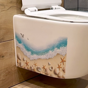 Waterproof beach shell and starfish wall sticker on a white ceramic toilet side