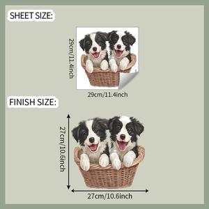Detail view of puppy sticker dimensions showing sheet size 29x29cm and finish size 27x27cm