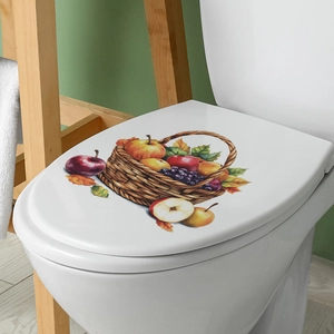 Waterproof fruit basket toilet lid sticker featuring colorful apples and purple grapes