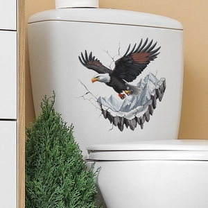 3D realistic bald eagle wall sticker on white toilet tank with snowy mountain background
