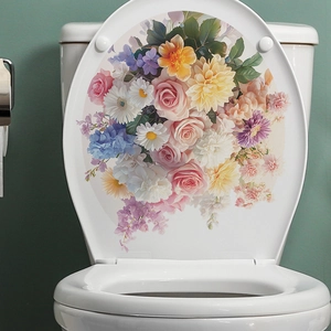 Autocollant de Couvercle de Toilette à Fleurs Peintes Colorées Imperméable en PVC Stickers Muraux de Salle de Bain Décor
