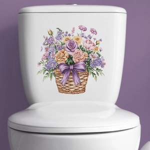 Floral basket toilet sticker with purple bow on white ceramic bathroom tank