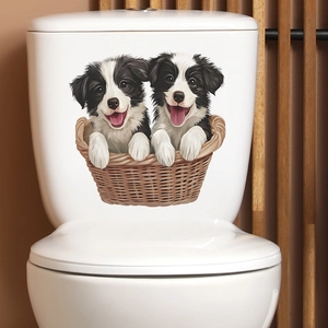 Cute Border Collie Puppy Bamboo Basket Toilet Seat Stickers PVC Waterproof Removable Bathroom Wall Decals Home DIY Art Mural