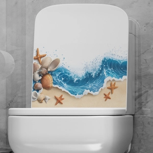 Ocean beach theme toilet lid sticker featuring blue waves seashells and starfish
