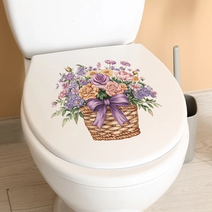 Floral basket toilet seat sticker with roses and daisies for bathroom decoration