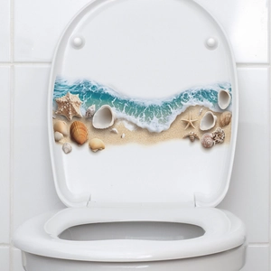 3D beach scenery toilet lid sticker featuring ocean waves shells and starfish decor