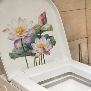 Sticker pour abattant de WC avec lotus roses et feuilles vertes au design aquarelle