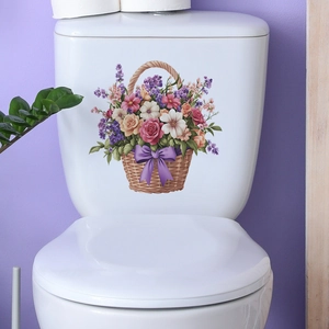 Floral flower basket wall decal with roses and lavender for bathroom toilet decor