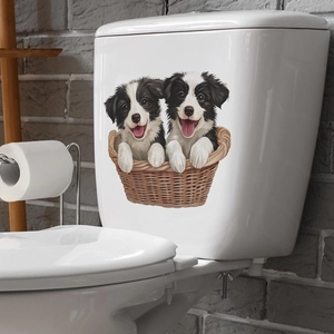 Cute Border Collie puppies in a basket wall sticker for bathroom and toilet decoration