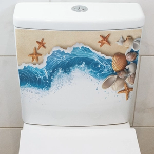 3D Ocean Sea Waves Sand Sea Star Shell Toilet Lid Sticker Waterproof PVC Bathroom Decoration Wall Decal For Toilet Tank