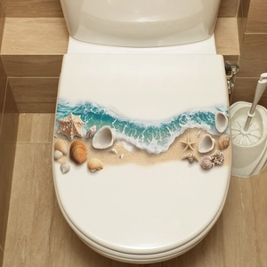 3D beach theme toilet lid sticker with seashells and waves on waterproof PVC material