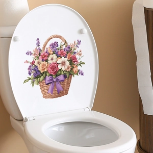 Floral flower basket wall decal sticker for bathroom toilet lid decoration with pink roses