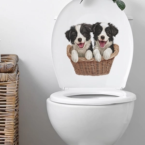 Cute puppies in basket toilet lid sticker for bathroom home decor on white surface